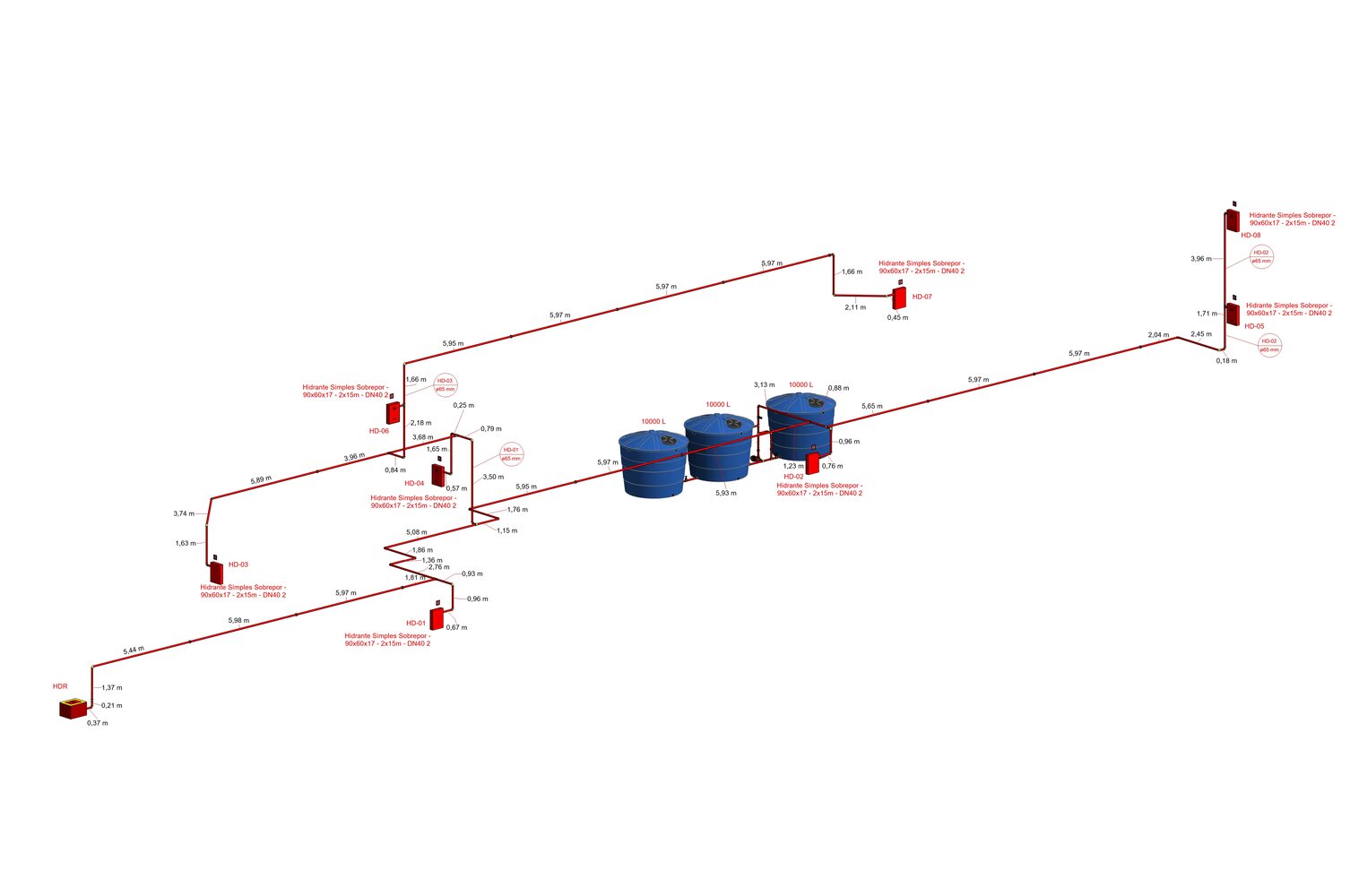 Render isométrico do sistema com 8 hidrantes e 3 reservatórios de 10.000L do Eng. Samuel Alencar (AC)