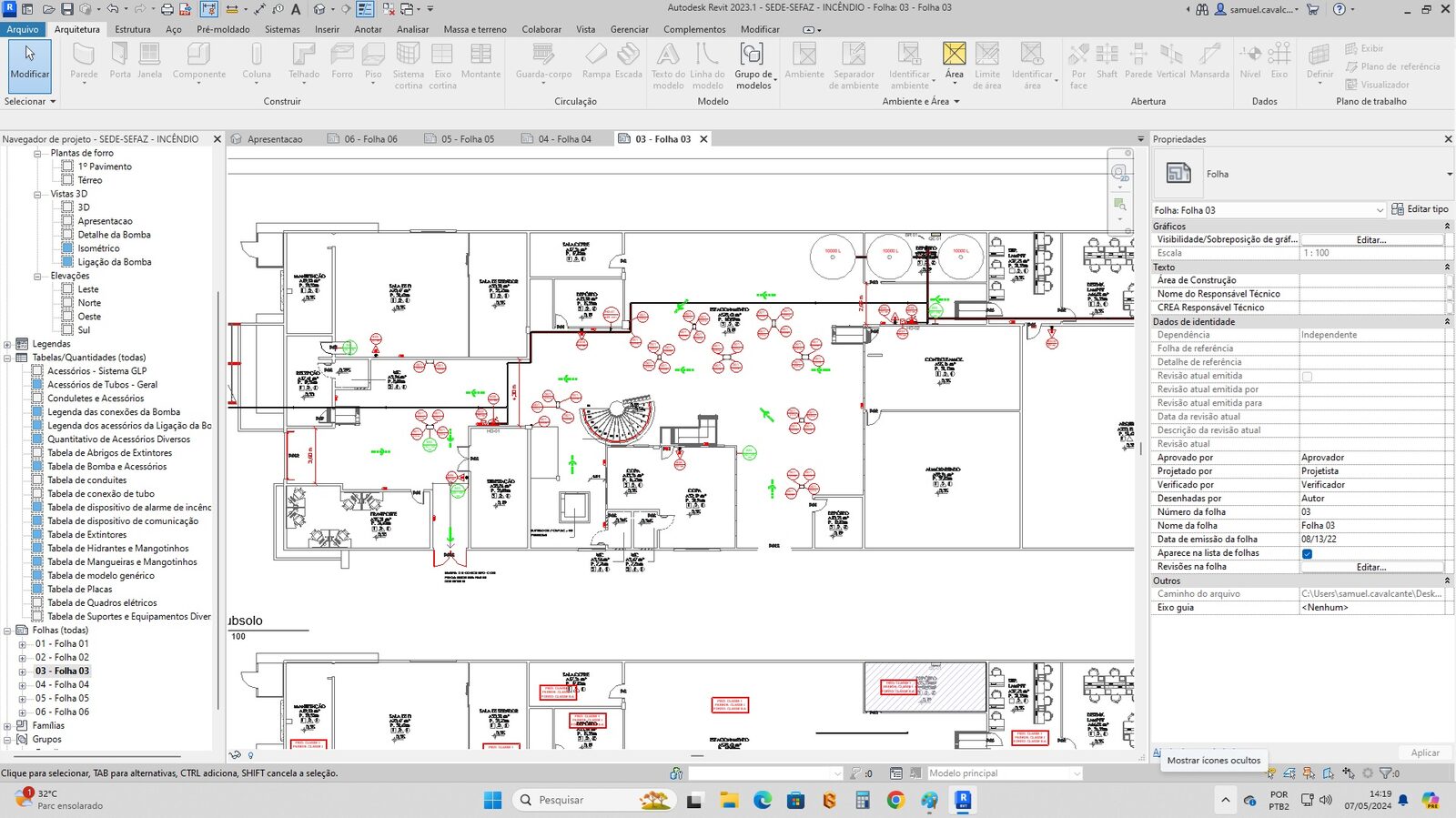 Screenshot do Revit mostrando projeto da Sede SEFAZ, Secretaria Estadual de Fazenda do Acre, pelo Eng. Samuel Cavalcante