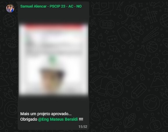Print do grupo de WhatsApp do Template PSCIP: Samuel Alencar posta um projeto aprovado e agradece ao Eng. Mateus Beraldi